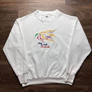 White 1990s Peace on Earth Kentucky Crewneck Sweatshirt with Embroidered Graphic
